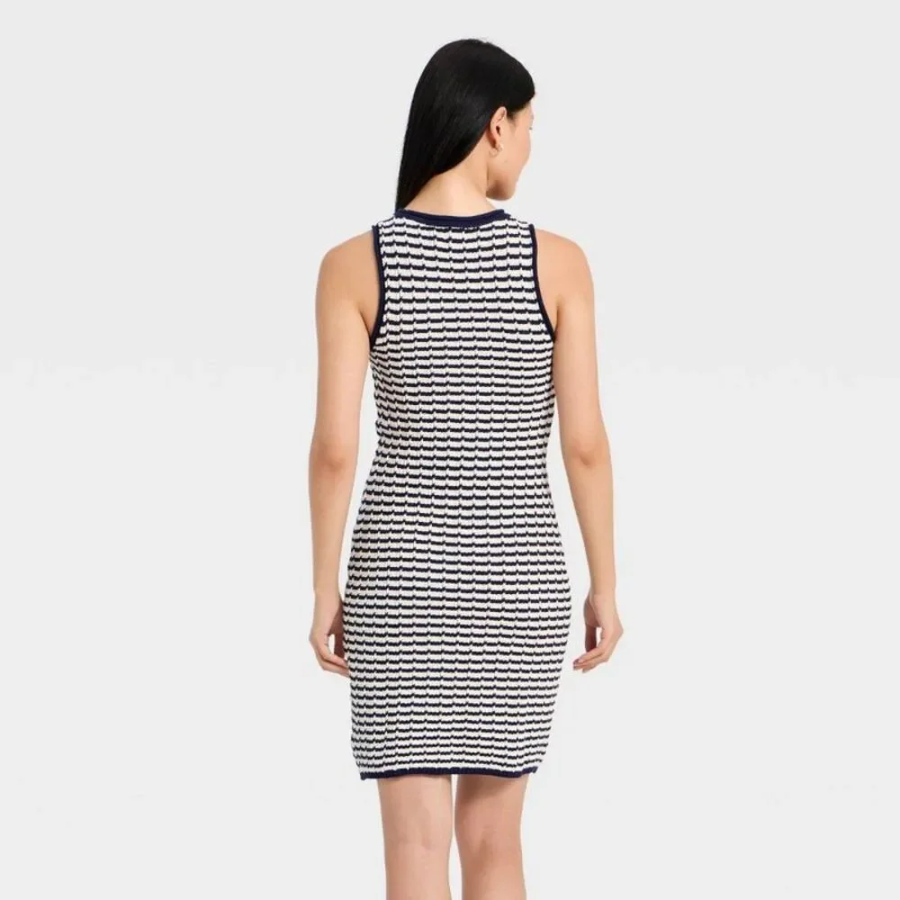 Women's Crochet Mini Sweater Dress - A New Day Navy Blue Striped L